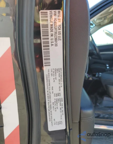 2020 Dodge Durango Ssv z USA, uszkodzony, nr VIN 1C4SDJFTXLC368130